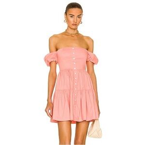 Staud Elio Mini Dress in Coral Pink | Off-the-Shoulder Tiered Cotton - Size 4